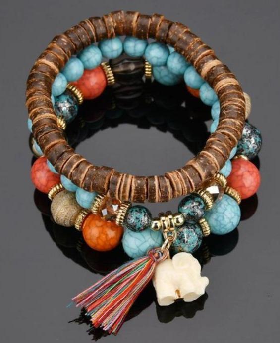 Bohemian Elephant Fringed Pendant Wood Beads Beads Mymaebell.com Blue