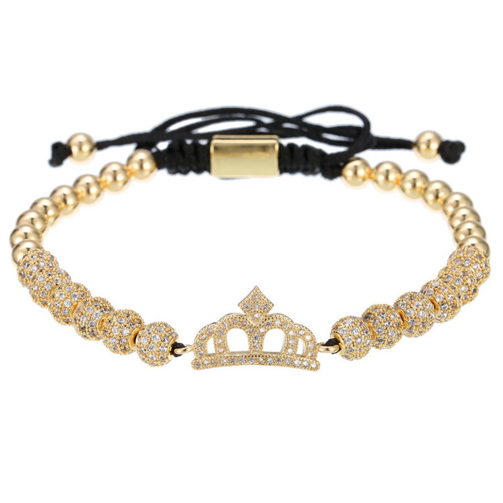 Cubic Micro Pave CZ Crown Charm & 4mm Round Beads Braided Macrame Men Bracelet bracelet Mymaebell.com Gold Q1pc