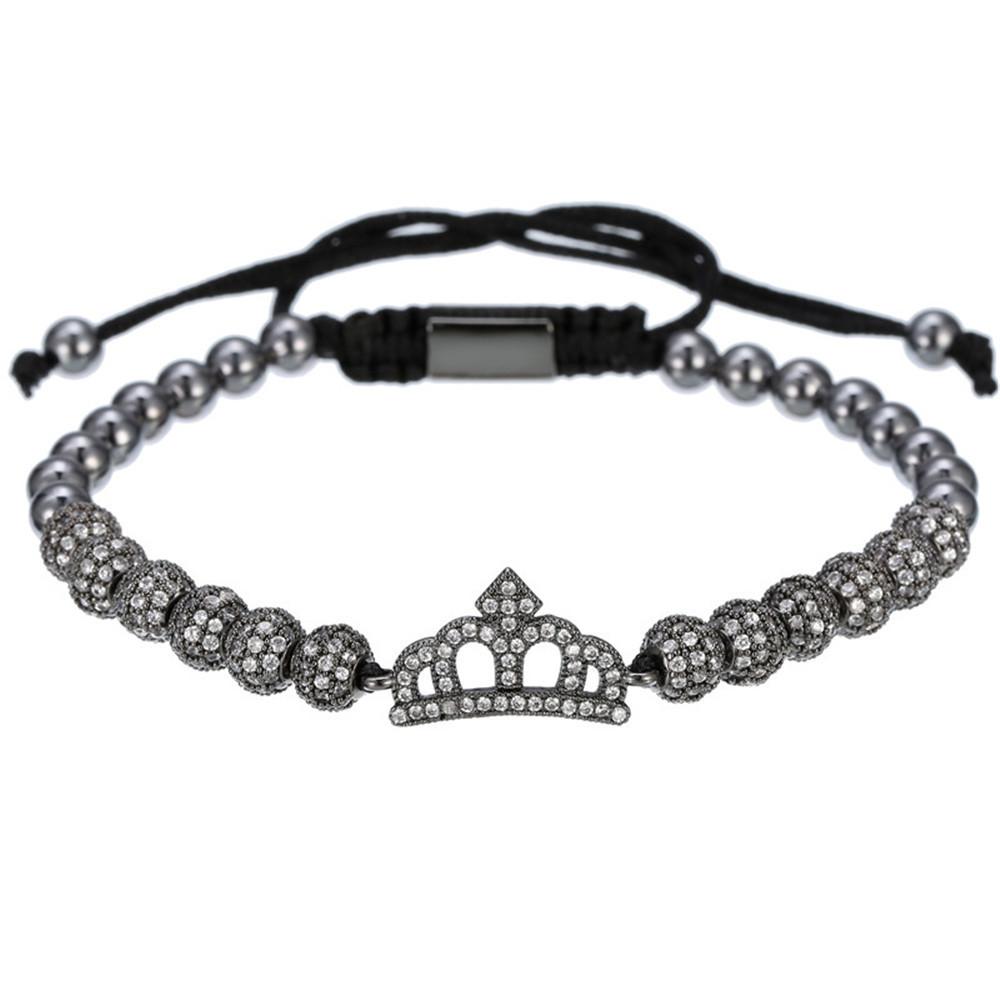 Cubic Micro Pave CZ Crown Charm & 4mm Round Beads Braided Macrame Men Bracelet bracelet Mymaebell.com Gun black Q1pc