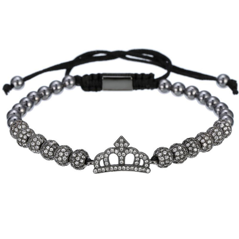 Cubic Micro Pave CZ Crown Charm & 4mm Round Beads Braided Macrame Men Bracelet bracelet Mymaebell.com Gun black Q1pc