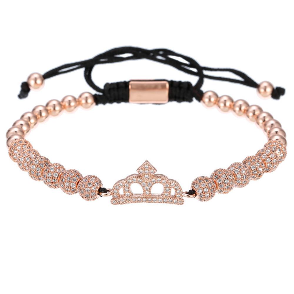 Cubic Micro Pave CZ Crown Charm & 4mm Round Beads Braided Macrame Men Bracelet bracelet Mymaebell.com Rose gold Q1pc