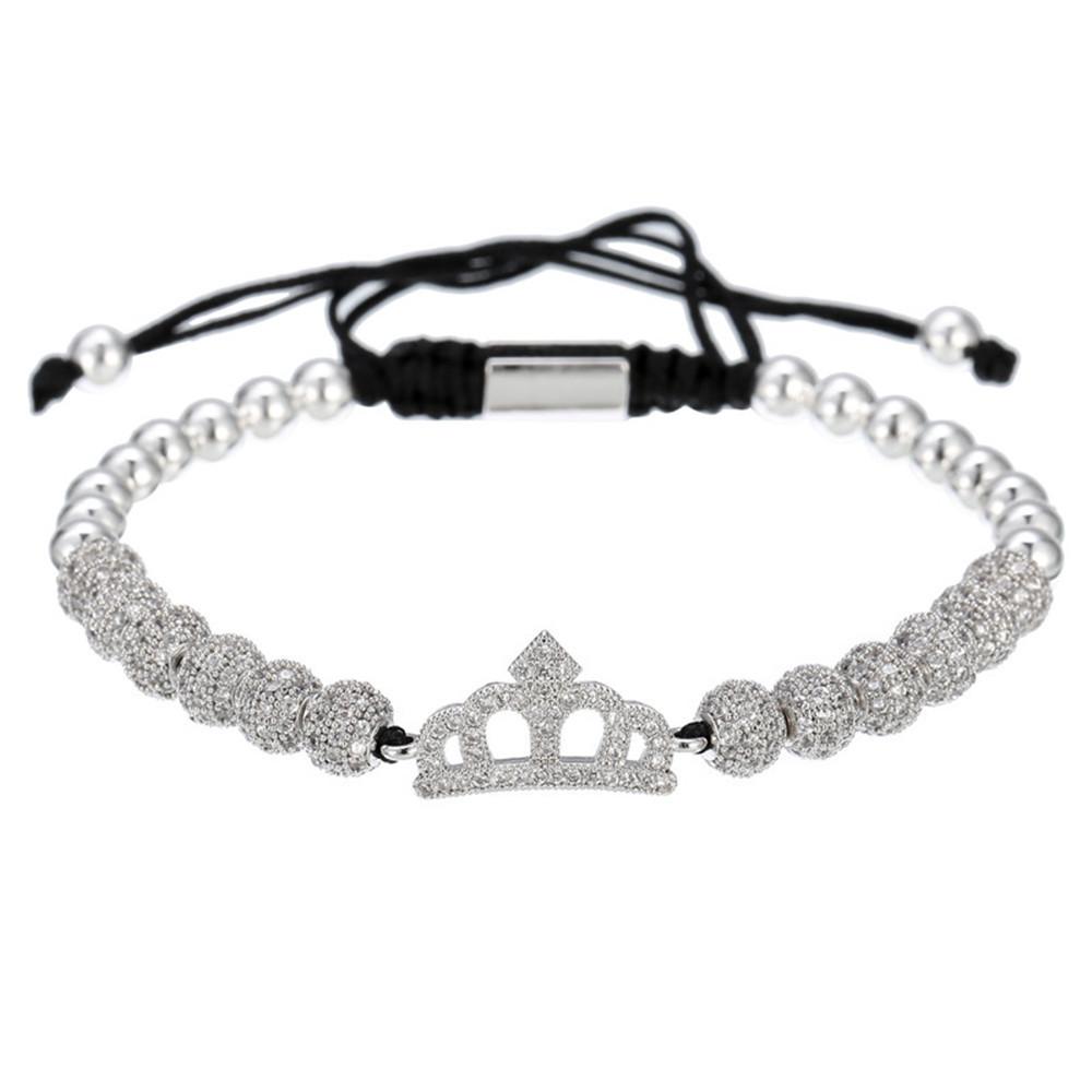 Cubic Micro Pave CZ Crown Charm & 4mm Round Beads Braided Macrame Men Bracelet bracelet Mymaebell.com Silver Q1pc