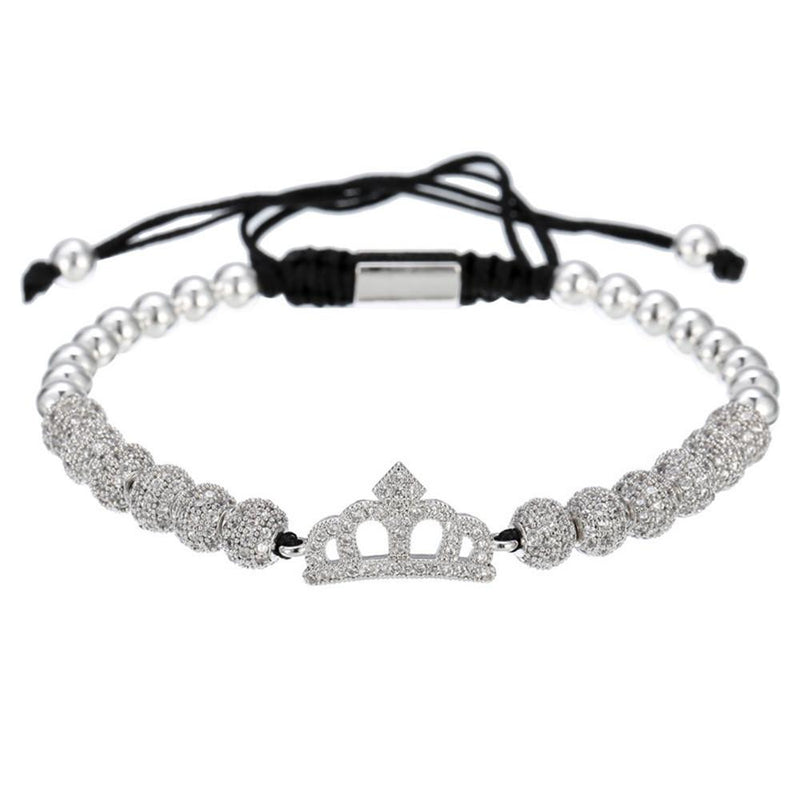 Cubic Micro Pave CZ Crown Charm & 4mm Round Beads Braided Macrame Men Bracelet bracelet Mymaebell.com Silver Q1pc