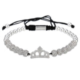 Cubic Micro Pave CZ Crown Charm & 4mm Round Beads Braided Macrame Men Bracelet bracelet Mymaebell.com Silver Q1pc