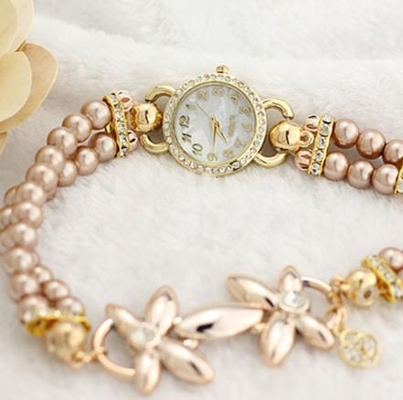 Luxury Flowers Rhinestone Pearl Bracelet Wristwatch watch Mymaebell.com Brown