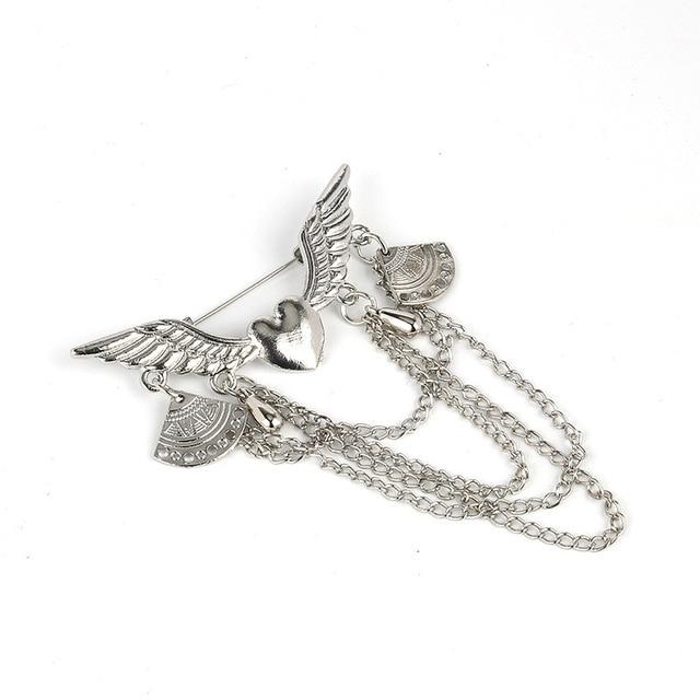Metal Heart Wings Gold Brooches Vintage Tassel Multi-layer Chain Broche Mymaebell.com Silver Plated