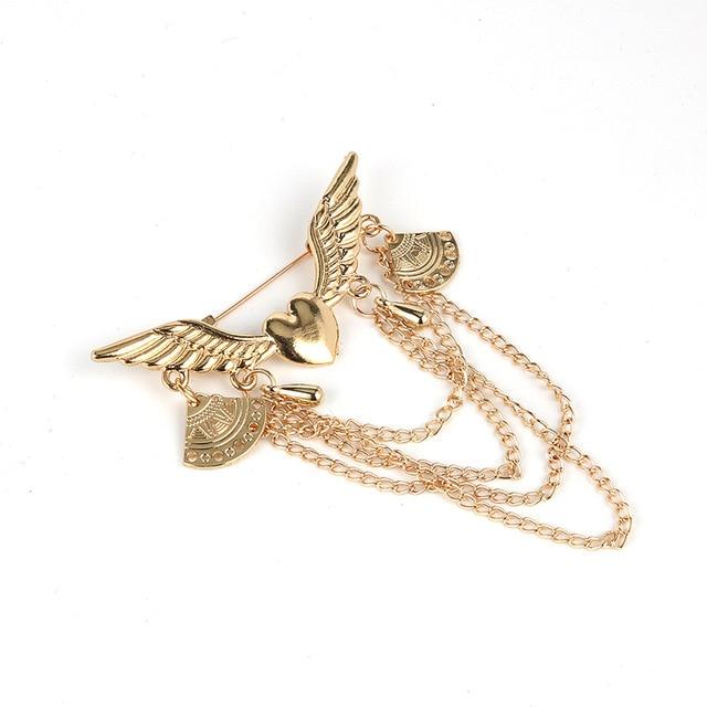 Metal Heart Wings Gold Brooches Vintage Tassel Multi-layer Chain Broche Mymaebell.com Gold-color