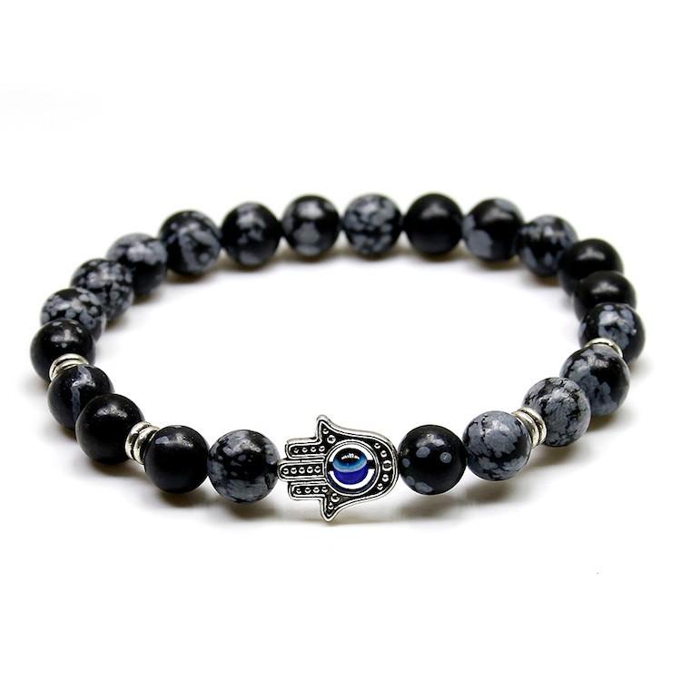 Natural Stone Stretch Bracelet Fatima Palm Bracelet Evil Eye Beads Beads Mymaebell.com Antique Silver
