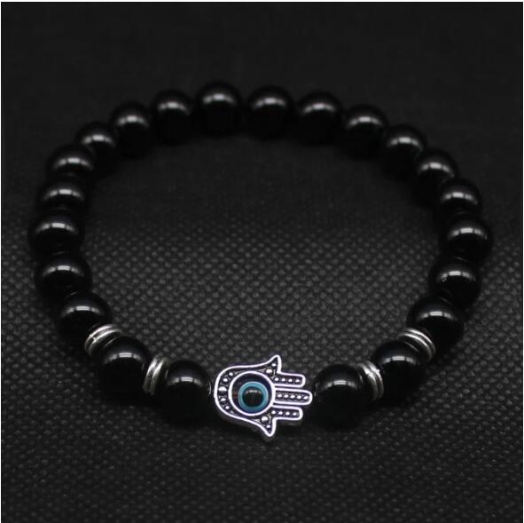 Natural Stone Stretch Bracelet Fatima Palm Bracelet Evil Eye Beads Beads Mymaebell.com Silver and black