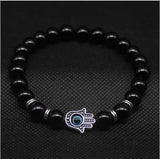 Natural Stone Stretch Bracelet Fatima Palm Bracelet Evil Eye Beads Beads Mymaebell.com Silver and black