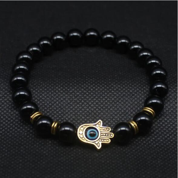 Natural Stone Stretch Bracelet Fatima Palm Bracelet Evil Eye Beads Beads Mymaebell.com Gold and black