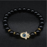 Natural Stone Stretch Bracelet Fatima Palm Bracelet Evil Eye Beads Beads Mymaebell.com Gold and black