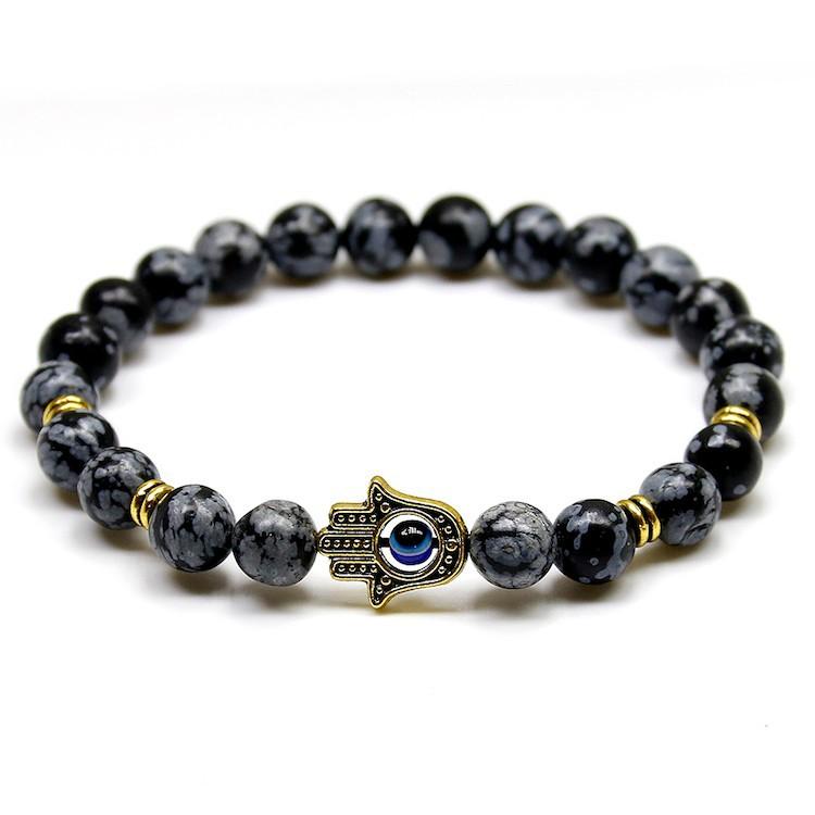 Natural Stone Stretch Bracelet Fatima Palm Bracelet Evil Eye Beads Beads Mymaebell.com Ancient gold