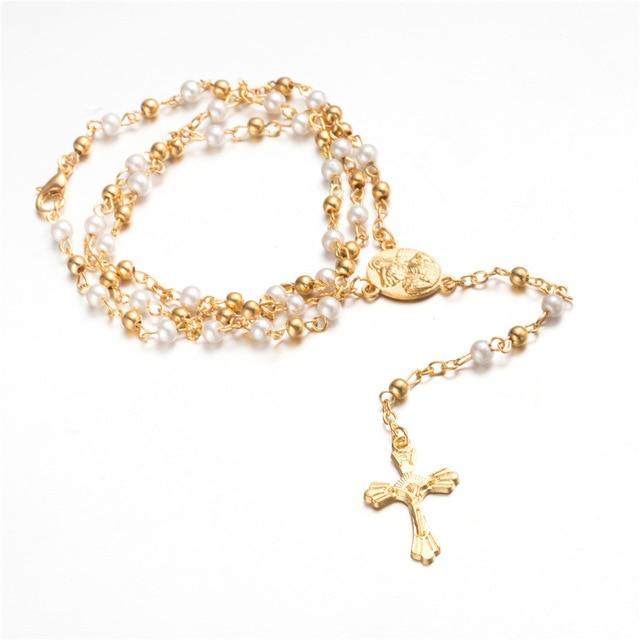Rosary Necklace Mymaebell.com Gold White