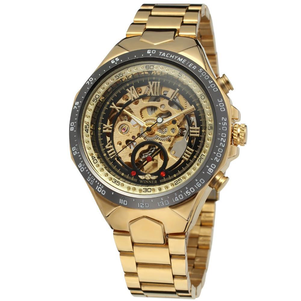 WINNER men's personality fashion gold watch all steel hollow automatic mechanical watch watch Mymaebell.com Black Golden