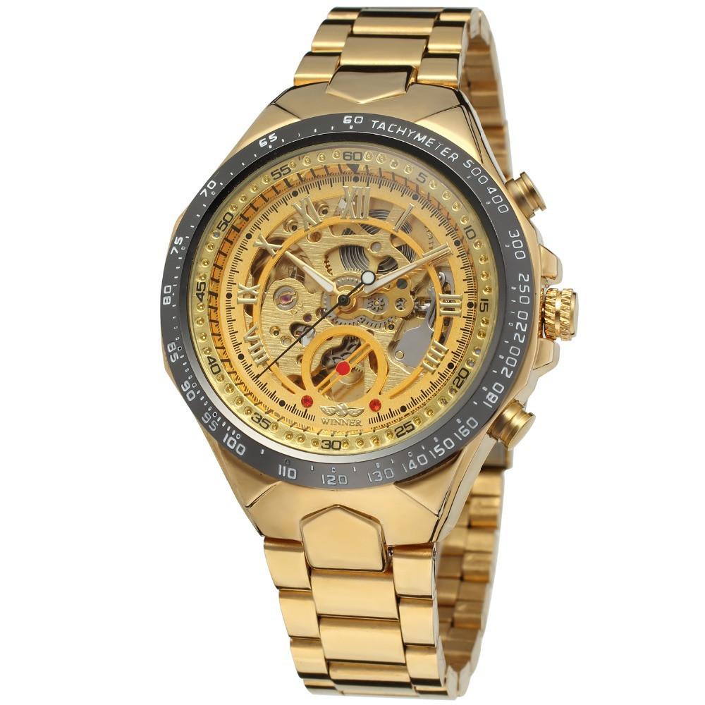 WINNER men's personality fashion gold watch all steel hollow automatic mechanical watch watch Mymaebell.com Golden