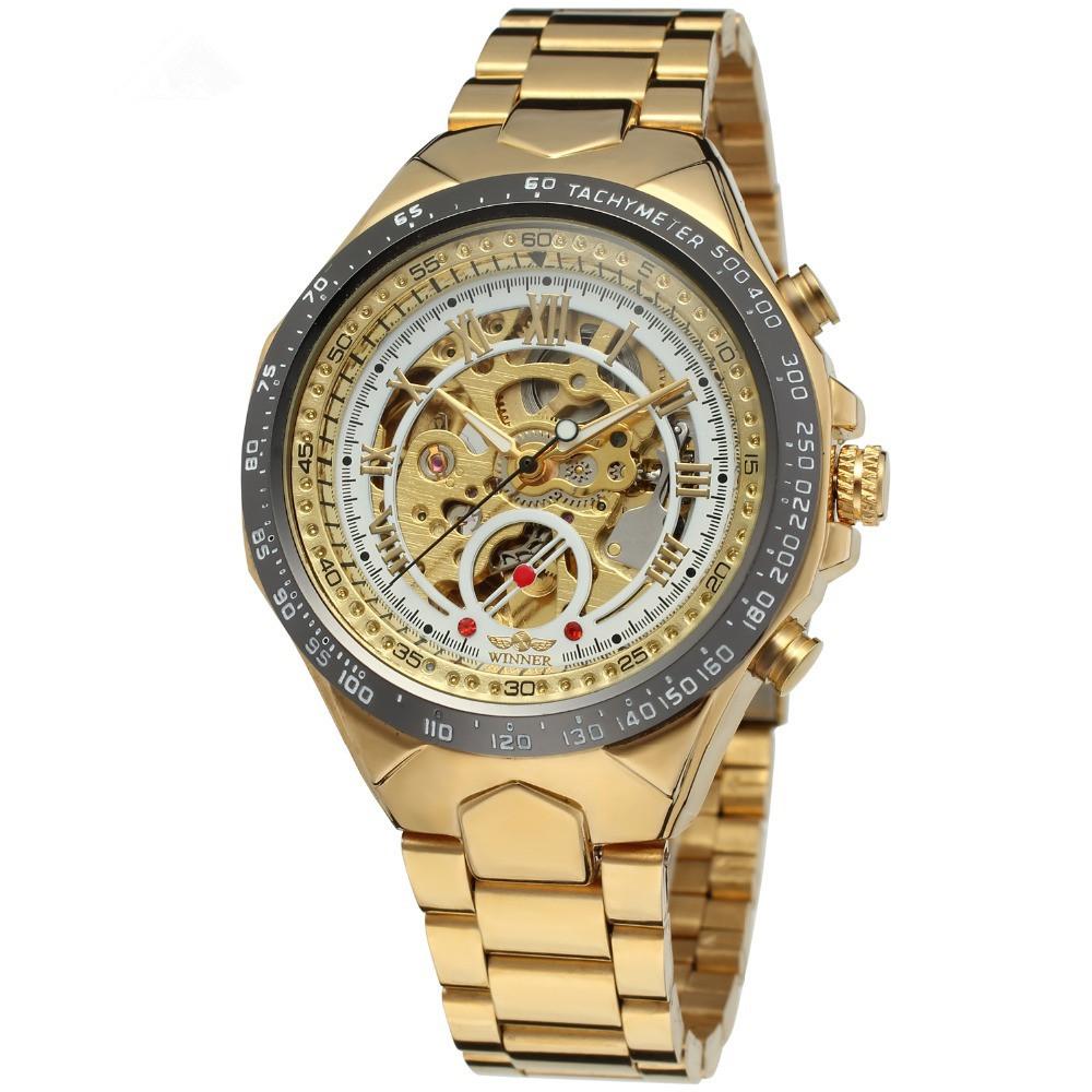 WINNER men's personality fashion gold watch all steel hollow automatic mechanical watch watch Mymaebell.com White Golden