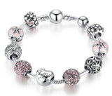 Antique Silver Charm Bracelet & Bangle Beads Mymaebell.com Pink 18CM 