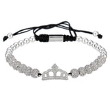 Cubic Micro Pave CZ Crown Charm & 4mm Round Beads Braided Macrame Men Bracelet