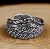 S925 Silver Men Ring Adjustable Eagle Wing Feather Retro Black Punk Biker Man Rings Female Sterling Silver Jewelry
